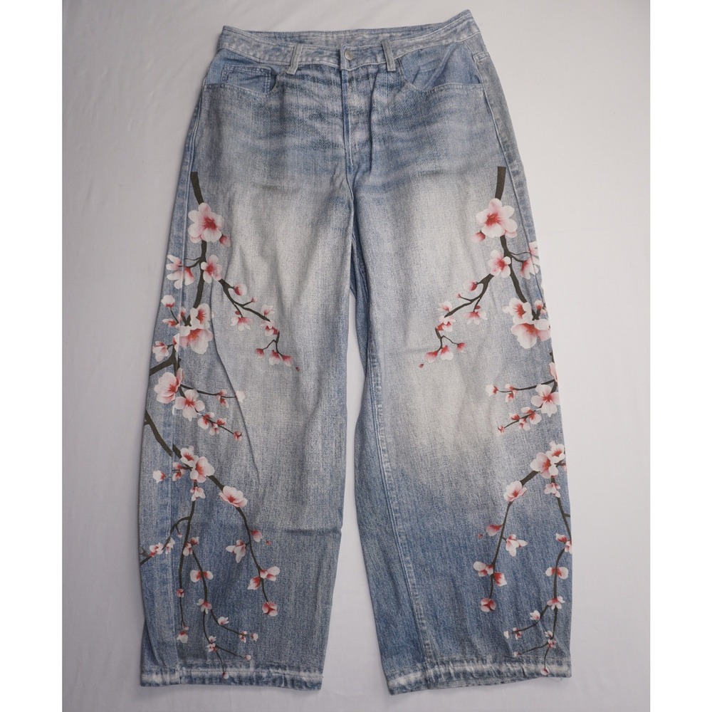 Unbranded Size 32 Light Wash Denim Cherry Blossom Print Jeans